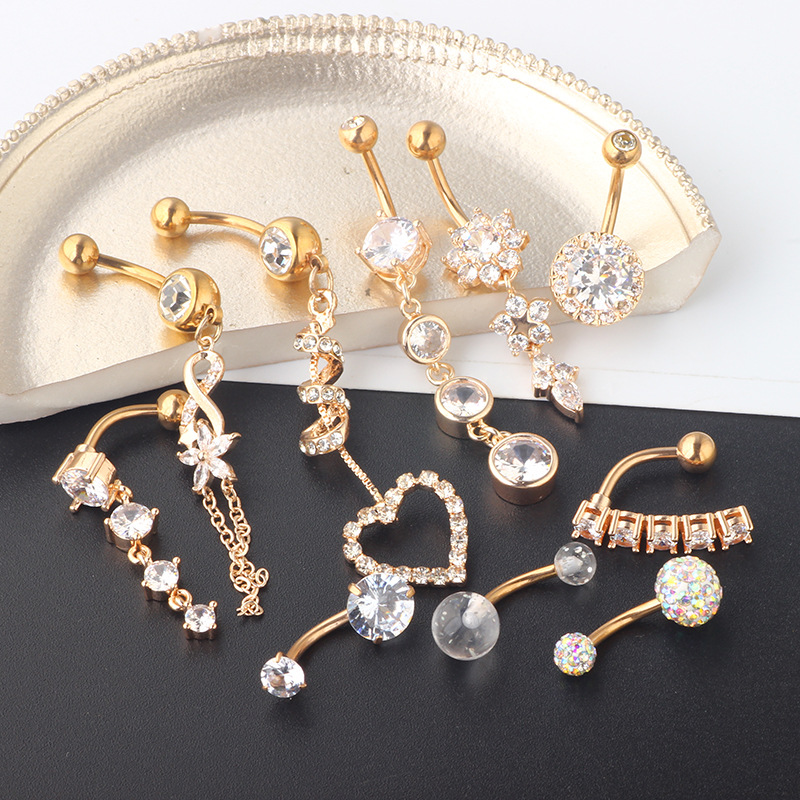 Amazon Zircon Navel Ring Set 10 Piece - Stainless Steel Silver Heart Belly Button Rings Body Piercing Jewelry - Image 2