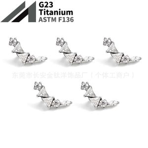 F136 Titanium Triangle Leaf Earrings with Geometric 5A Zircon, Ear Bone Nails Cochlear Nails, G23 Titanium Alloy Piercing Jewelry