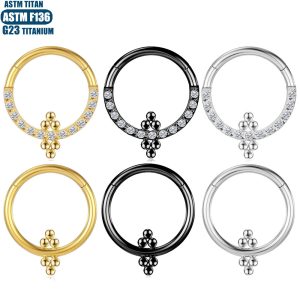 F136 Titanium Perforated Nose Ring with Inner Bead Cluster, Nasal Septum Jewelry, Seamless Zircon Earrings