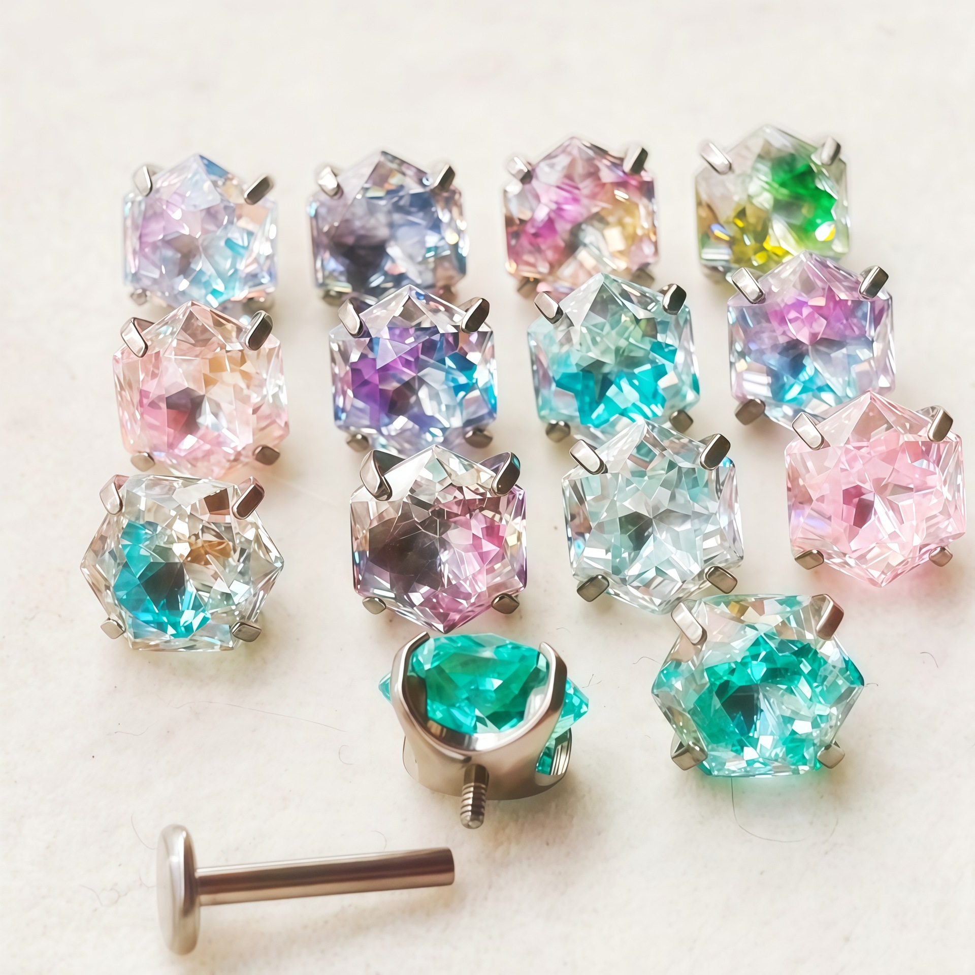 Titanium Alloy Gradient Color Plated Round-Bottomed Super Shiny Queen-Cut Hexagram-Cut Zirconia Stud Earrings for Cartilage - Image 3