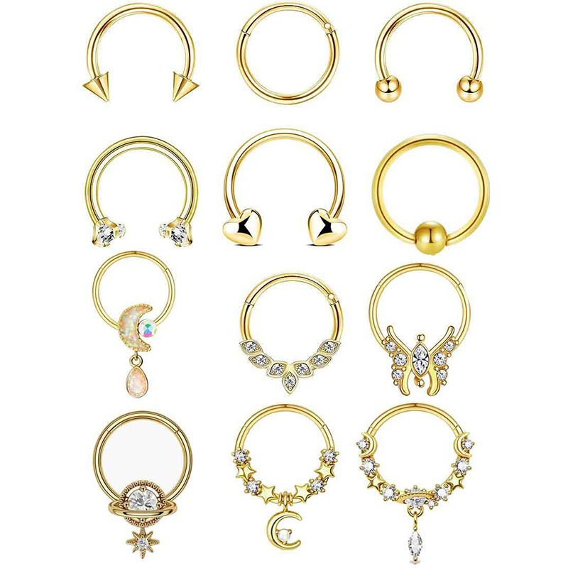 12-Piece Black Stainless Steel Nose Ring Set - Cross-Border Open Ring Nose Stud Ear Bone Piercing Jewelry - Image 2
