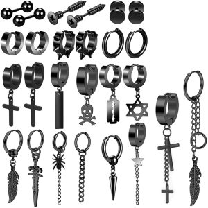 Stainless Steel Cross Hip Hop Earrings Set for Men - 26 Piece Fashion Earring Wholesale