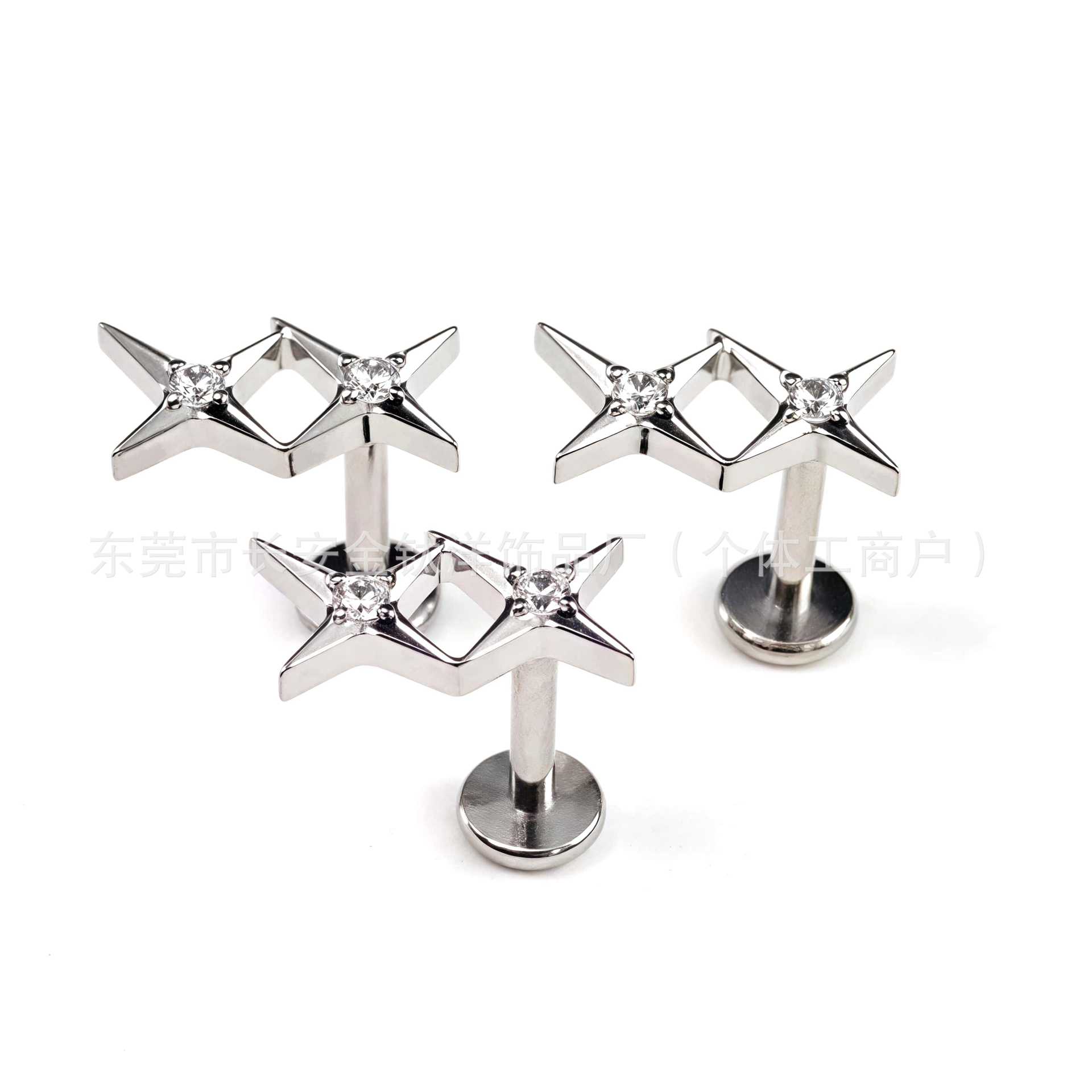 F136 Titanium Gemini Zircon Double Four Mangxing Earrings Nose Nail Ear Bone Nail G23 Titanium Alloy Human Puncture Jewelry - Image 5