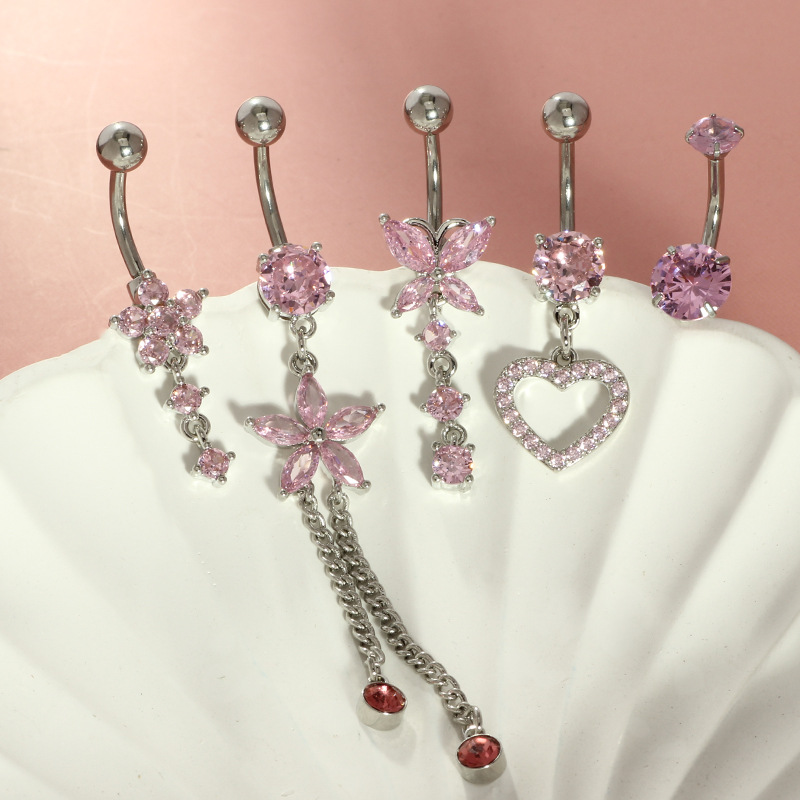 Love Zircon Heart Belly Button Ring Set – 5-Piece Navel Piercing Jewelry for Women - Image 4