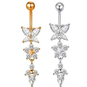 Butterfly Flower Water Drop Zircon Pendant Navel Ring Belly Button Ring Gold Copper Body Piercing Jewelry
