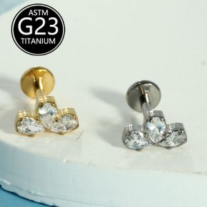 F136 Titanium Alloy Water Drop Zircon Three-Petal Flower Lip Nail G23 Titanium Internal Thread Lip Nail Tongue Nail Piercing Jewelry