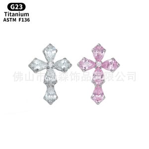 F136 Titanium Alloy Cross Earrings Inlaid with Zircon Water Drop Lip Nail Earrings Internal Thread Ear Bone Nails