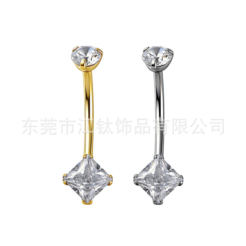 G23 Titanium Alloy Square Zircon Navel Piercing Ring - 14G 1.6mm Bar, Gold Polished Belly Button Jewelry - Image 5