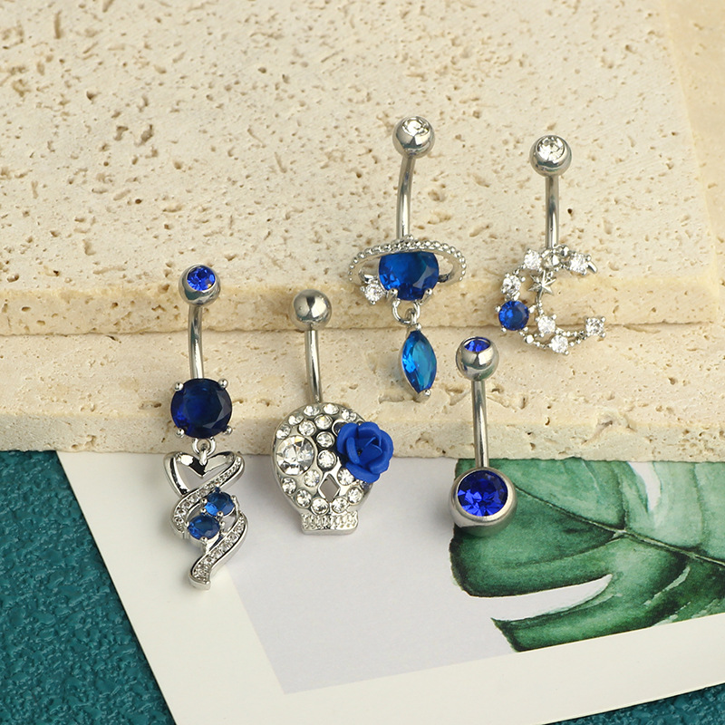 Blue Planet Zircon Water Drop Umbilical Ring Simple Moon Navel Buckle 5-Piece Body Piercing Set - Image 3