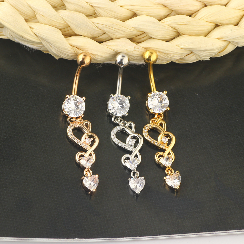 Double Heart Long Zircon Belly Button Ring Navel Piercing Jewelry Rose Gold - Image 3