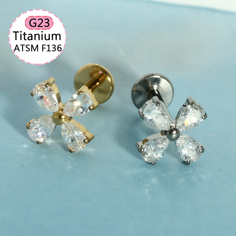 F136 Titanium Alloy Ear Bone Nail Earrings Four-Leaf Clover Lip Nail Fashion Simple Inlaid Zircon Cartilage Jewelry Body Piercing - Image 5