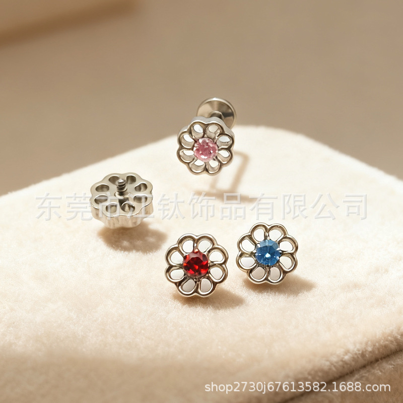 ASTM F136 Titanium Alloy Flower Earring with Zircon Inlay - G23 Titanium Body Piercing Ear Stud - Image 3