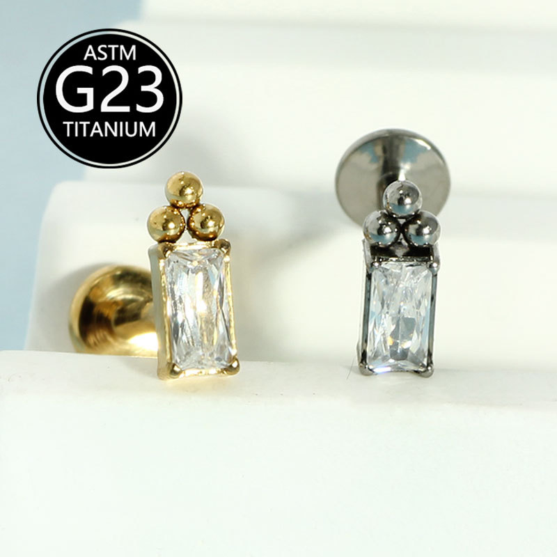 G23 Titanium Alloy F136 Internal Thread Inlaid Zircon Geometric Lip Stud Ear Cartilage Piercing Jewelry - Image 5