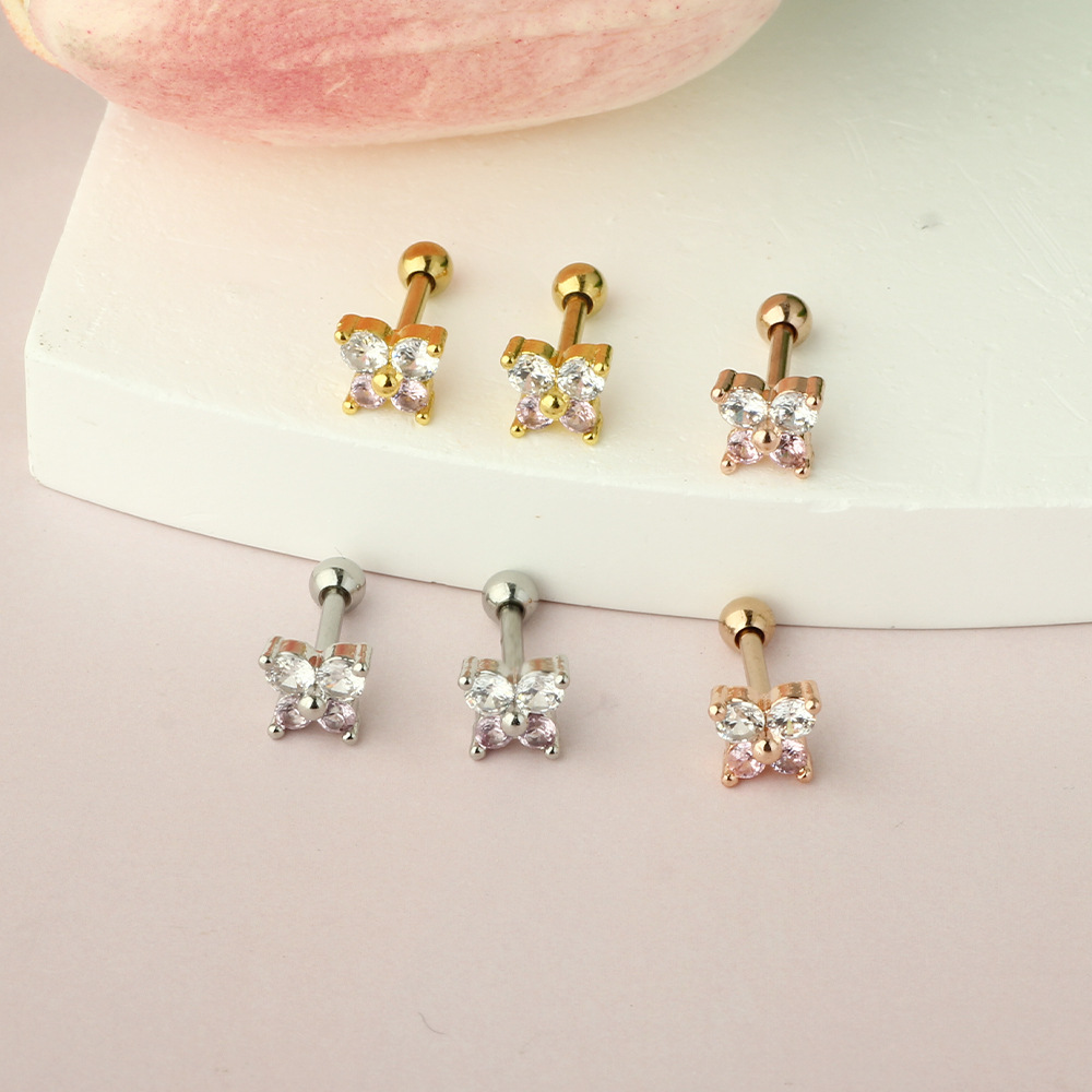 Rose Gold Butterfly Ear Stud CZ Cute Cartoon Stainless Steel Earring for Women Men Wholesale - Image 2