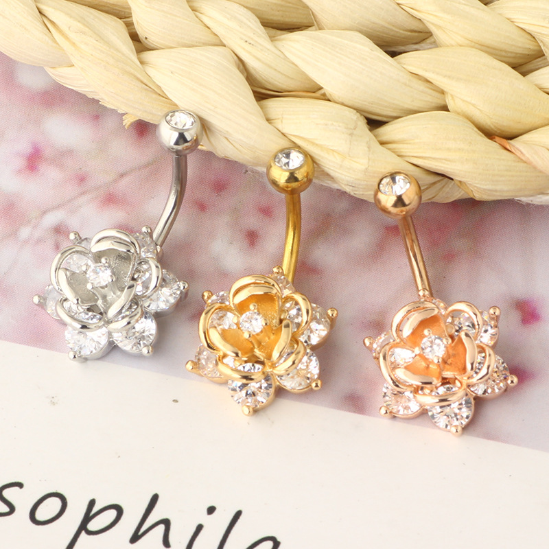Exquisite Rose Gold Zircon Flower Navel Ring Stainless Steel Belly Button Piercing Jewelry - Image 3