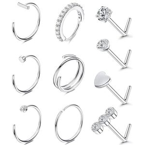 10-Piece Stainless Steel Nose Stud Set with L-Bar and Heart-Shaped Zircon, Bulk Nose Piercing Jewelry for Women Men