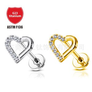 G23 Titanium Alloy Heart-Shaped Inlaid Zircon Ear Cartilage Stud Earring for Women Men
