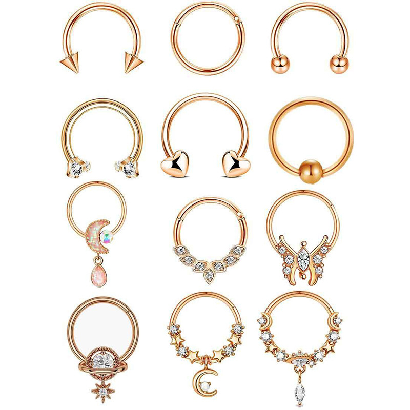 12-Piece Black Stainless Steel Nose Ring Set - Cross-Border Open Ring Nose Stud Ear Bone Piercing Jewelry - Image 3
