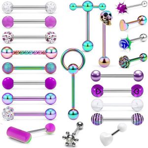 Stainless Steel Tongue Nail 22 Piece Set Amazon Hot Straight Rod Mixed 4 Color Optional Tongue Ring Piercing Jewelry for Quick Sale