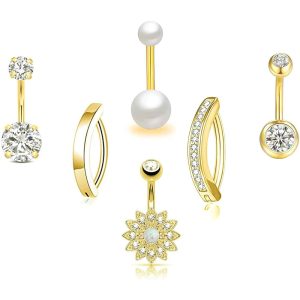 6-Piece Stainless Steel CZ Navel Ring Set with Soft Ceramic Balls and Zircon