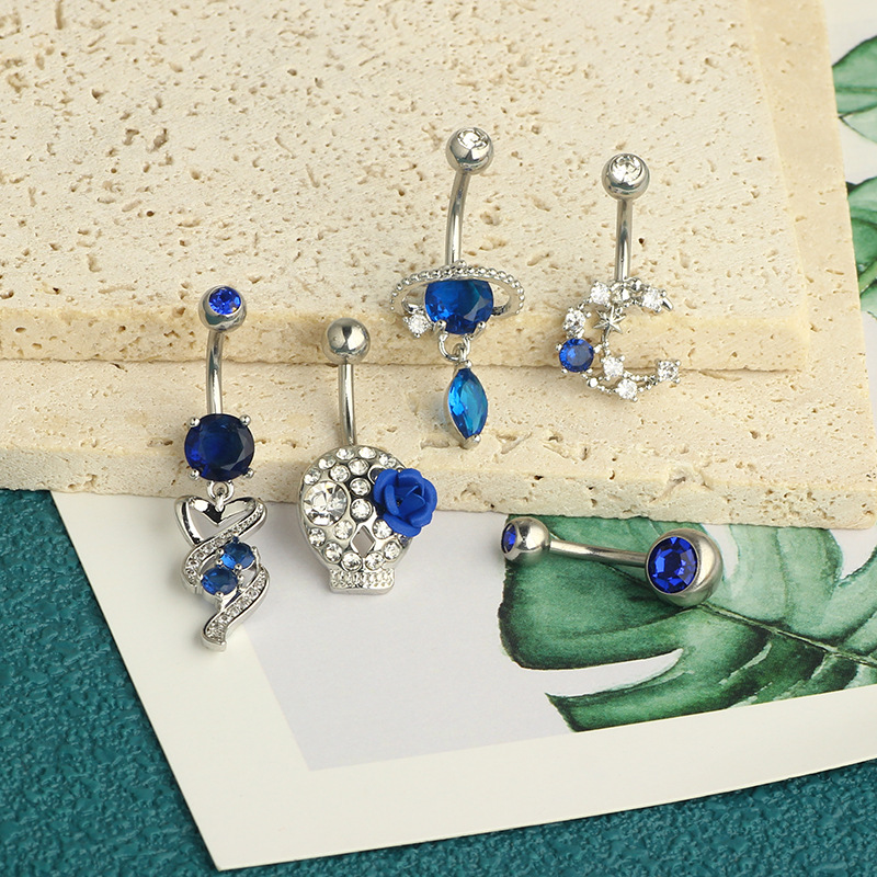Blue Planet Zircon Water Drop Umbilical Ring Simple Moon Navel Buckle 5-Piece Body Piercing Set - Image 2