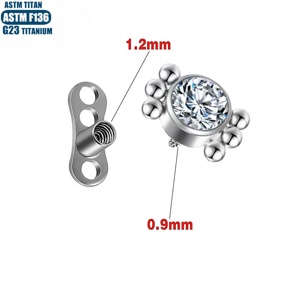 G23 Titanium Alloy Zircon Internal Thread Skin Graft Nail Piercing Jewelry with Base - 1.2x0.9mm Silver - Image 3