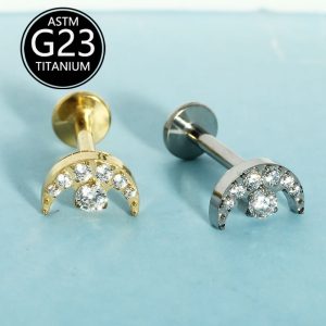 G23 Titanium Internally Threaded Flat Lip Stud Moon Zircon Piercing Jewelry
