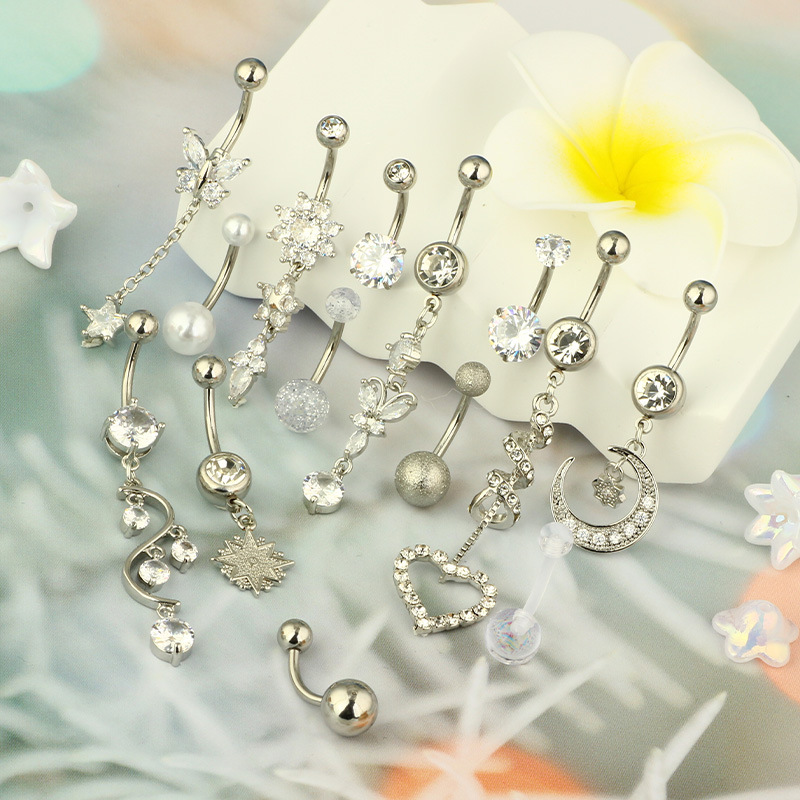Heart Zircon Belly Button Ring 316L Surgical Steel Piercing Jewelry Set of 14 - Image 4