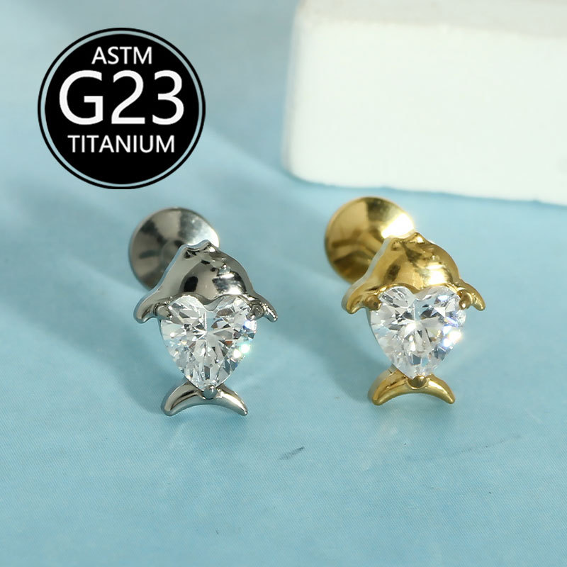 F136 Heart-Shaped Fish Lip Piercing with Zircon Inlay, Dolphin G23 Titanium Body Piercing, Ear Cartilage Stud, Sold Individually - Image 2