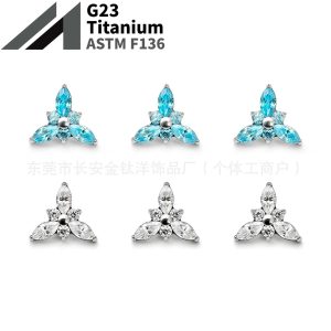 F136 Titanium Internal Thread Full Diamond Triangular Zircon Lip Stud Ear Stud Ear Bone Stud G23 Titanium Alloy Body Piercing Jewelry