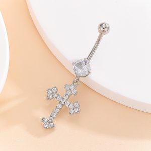 Gold Cross Pendant Navel Ring 16G Belly Button Piercing Jewelry Fashion Stone Inlaid