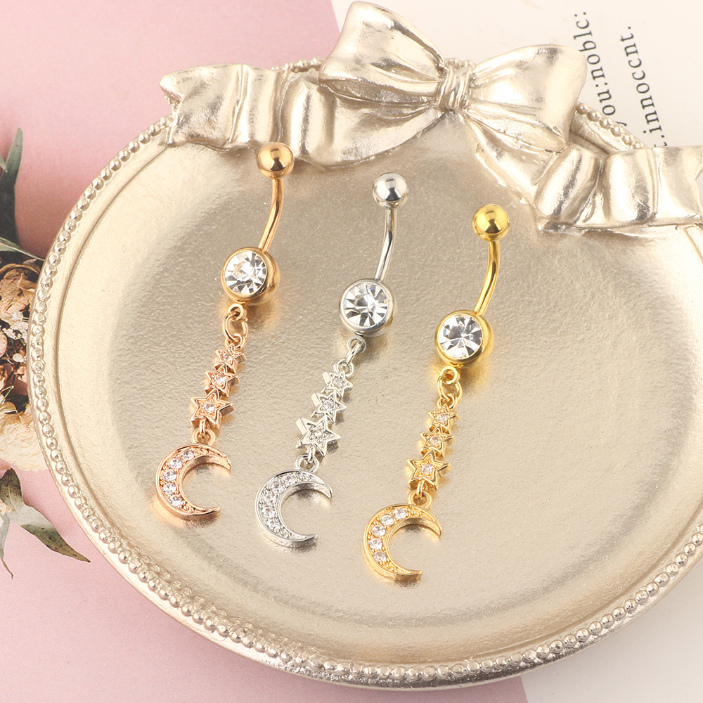Korean Star Moon 316L Surgical Steel Belly Button Ring CZ Small Jewelry Water Drop Zircon Nail Ring - Image 2