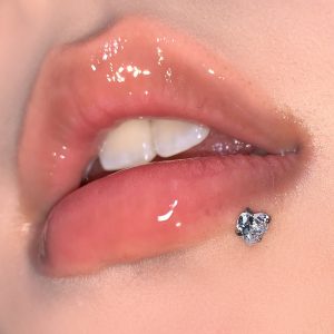 Diamond-Studded Heart Zircon 4mm Internal Thread Lip Piercing, Multi-Color, 316L Surgical Steel, European American Hot Girl Style
