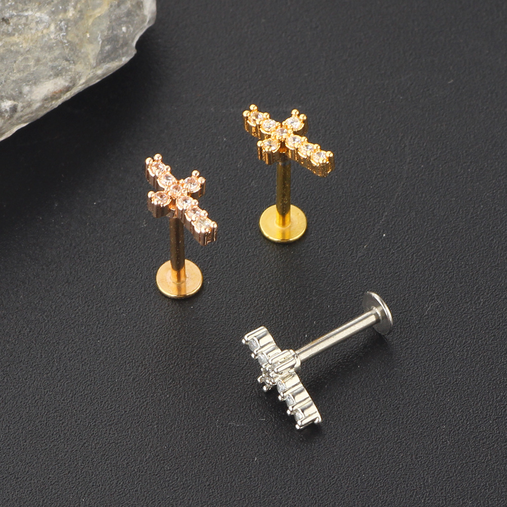 Zircon Cross Women's Ear Stud Earring Stainless Steel Cartilage Piercing Jewelry Lip Ring Body Jewelry - Image 4