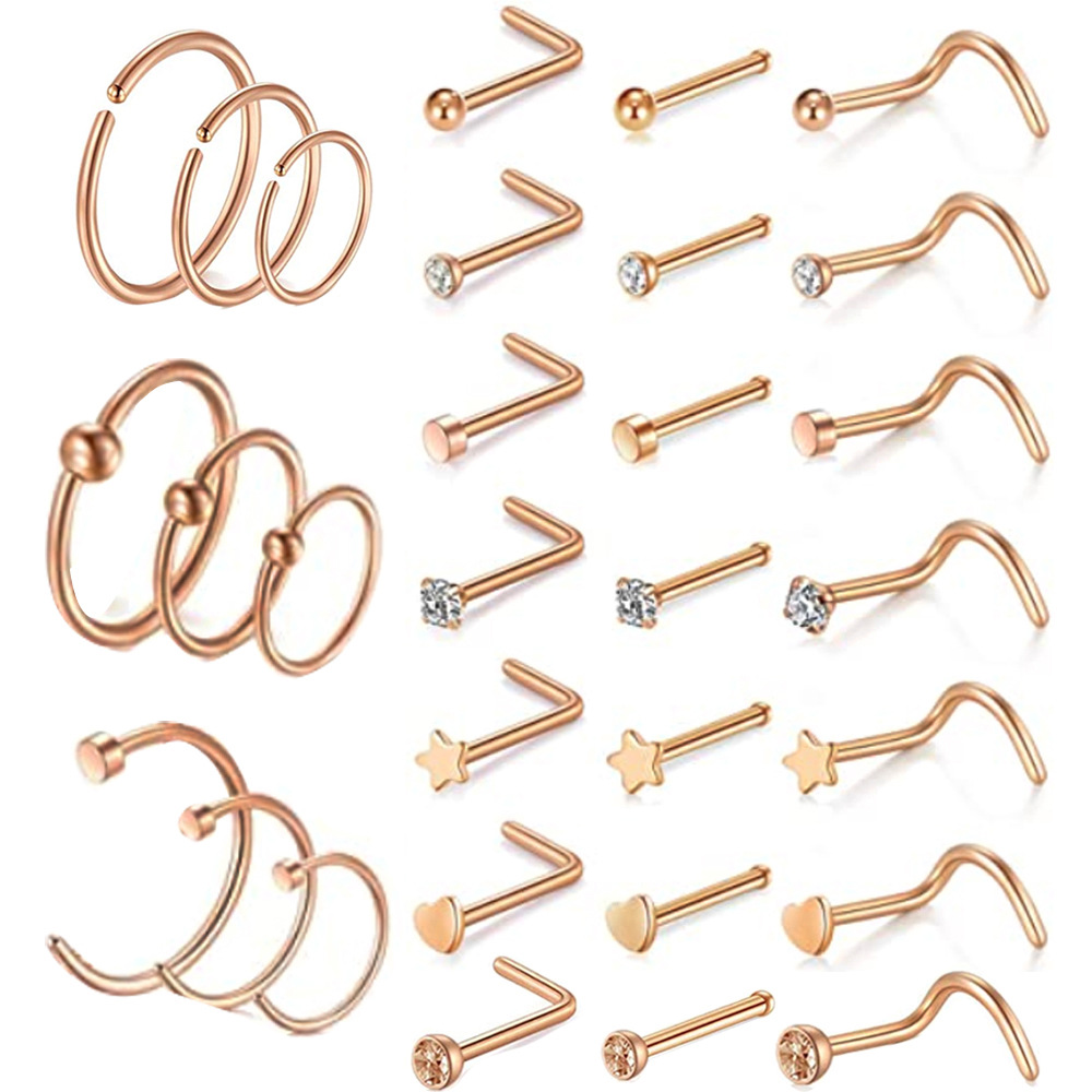 Rose Gold Nose Nail Ring Set 20G Stainless Steel CZ Piercing Jewelry - 30 Pcs - Image 2