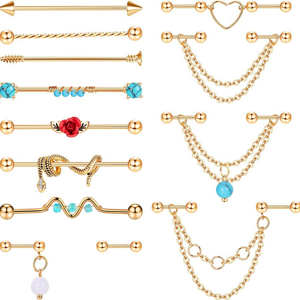 13Pcs Industrial Barbell and Ear Bone Nail Set Handmade Chain Earrings European American Body Jewelry Rose Gold Turquoise - Image 4