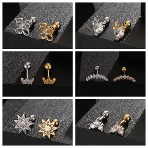 18K Gold Plated Antler Flower Cartilage Ear Stud Titanium Steel Screw Bone Earring Niche Jewelry