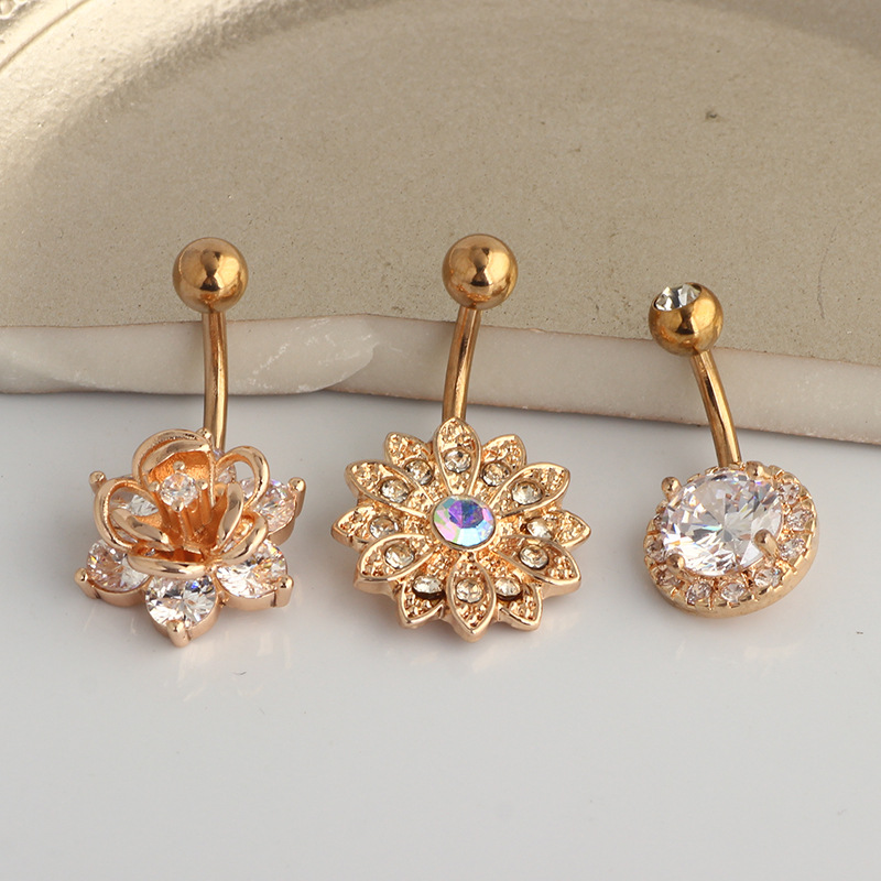 Nine Gems Stainless Steel Belly Button Ring Set - 3 Pieces Navel Piercing Jewelry Rose Gold Sunflower - Image 4