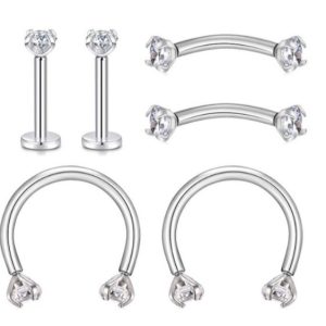 6-Piece Stainless Steel Zircon Eyebrow Nose Lip Piercing Jewelry Set - Diamond Shape Studs for Ear Eyebrow Nose Lip
