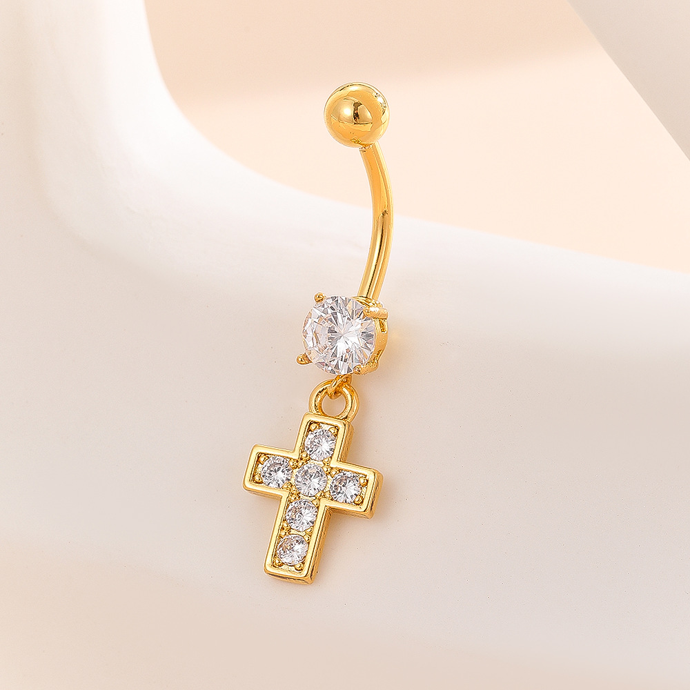 Cross Pendant Belly Button Ring Gold Copper Inlaid Stone Dangle Piercing Jewelry - Image 3