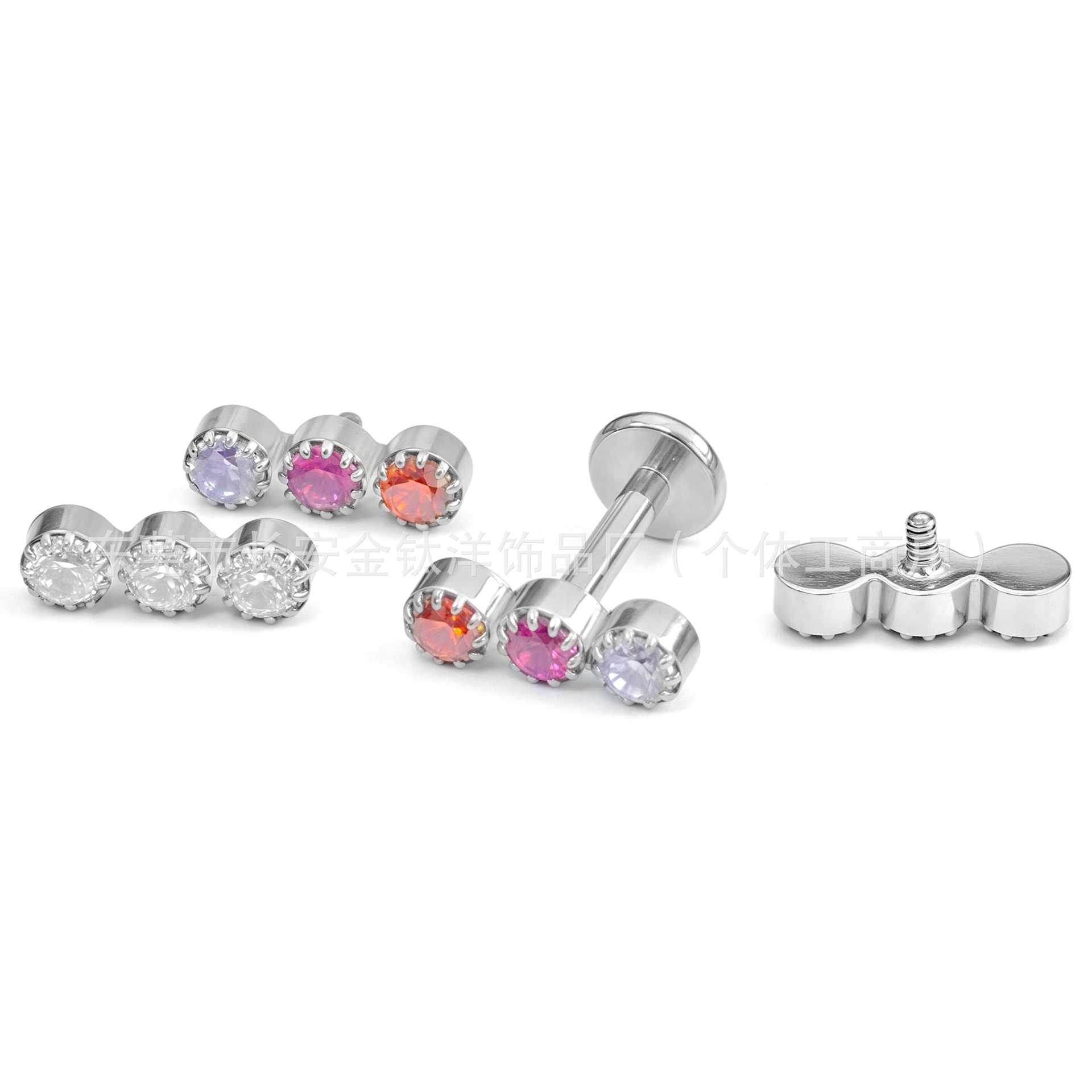 F136 Titanium Inner Tooth Straight Three-Zircon Lip Nose Ear Piercing Jewelry - 1.2mm*14mm - Image 4