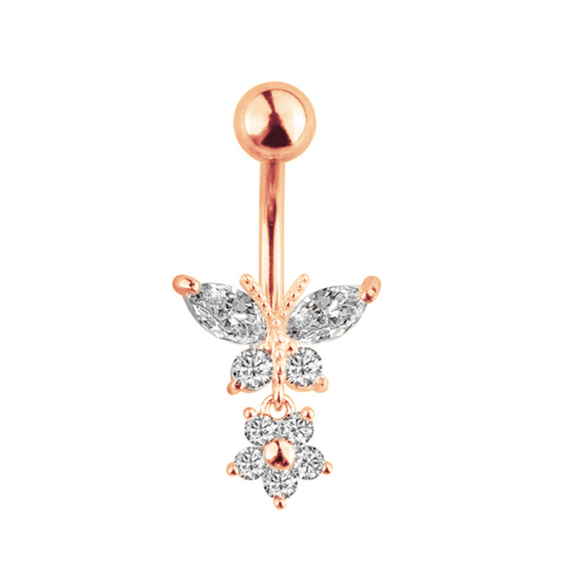 Rose Gold Butterfly Navel Ring Stainless Steel CZ Diamond Belly Button Piercing Jewelry - Image 3