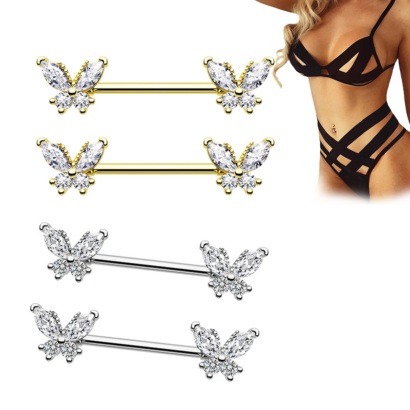 Butterfly White Zircon Nipple Ring Stainless Steel Simple Style Body Jewelry Pair - Image 5