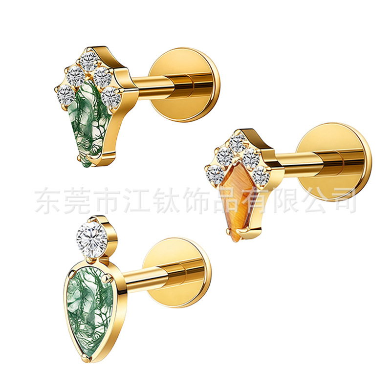 G23 Titanium Alloy Body Piercing Earrings Natural Stone Rhombus Water Drop Ear Jewelry Gold + Tiger Eye - Image 5