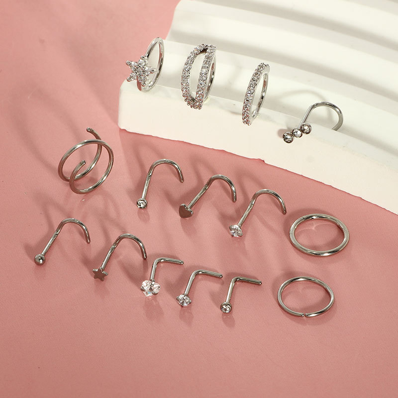 New 15-Piece Set of Stainless Steel Nose Rings with Copper Inlaid Zircon Geometric Open Nose Rings and Nose Studs Piercing Jewelry, Gold Set - Image 3