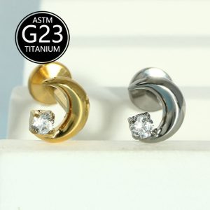 F136 Titanium Inlaid Single Zircon Moon Lip Labret Stud Internally Threaded Ear Bone Nail G23 Titanium Alloy