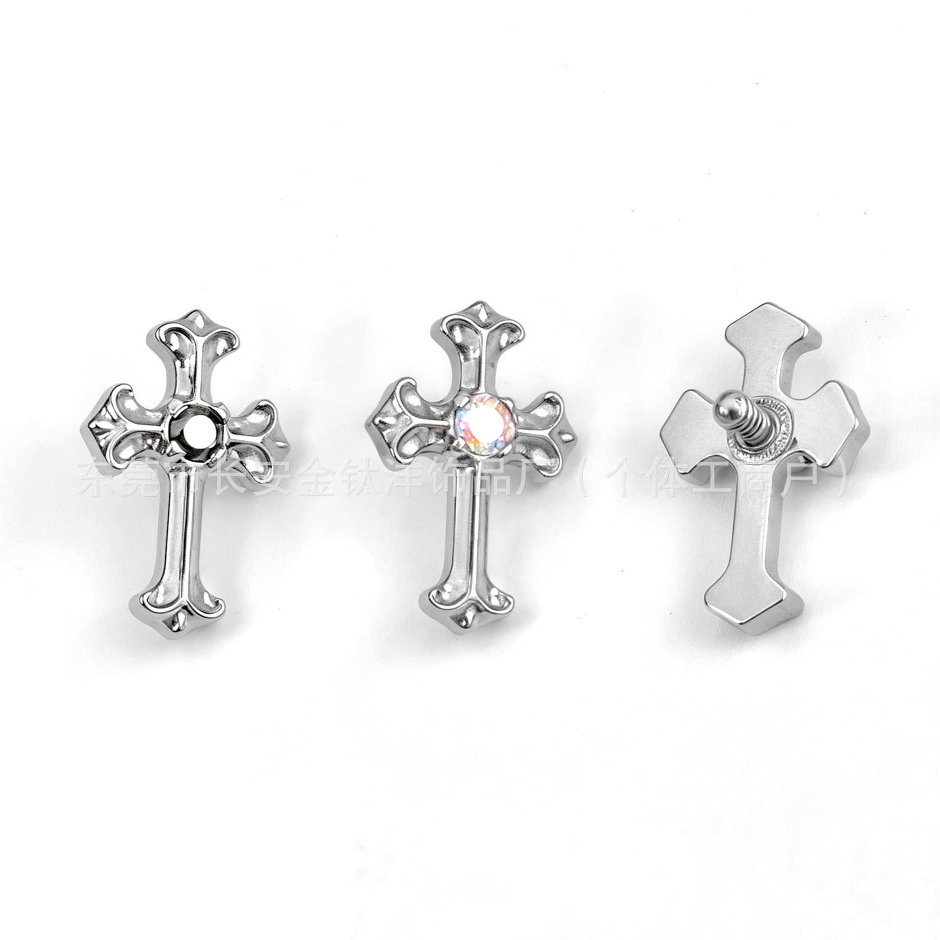F136 Titanium Vintage Cross Zircon Stud Earrings Lip Studs Cochlear Studs Piercing Jewelry - Image 2