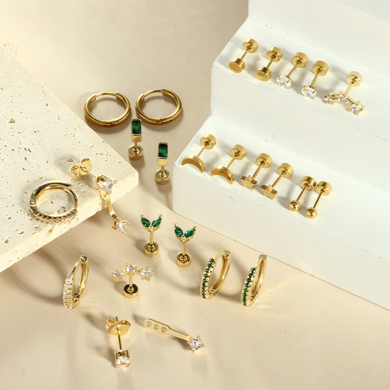 European American Style Moon Star Earring Set Real Gold Plated Zircon Stainless Steel Earrings for Women - Image 4