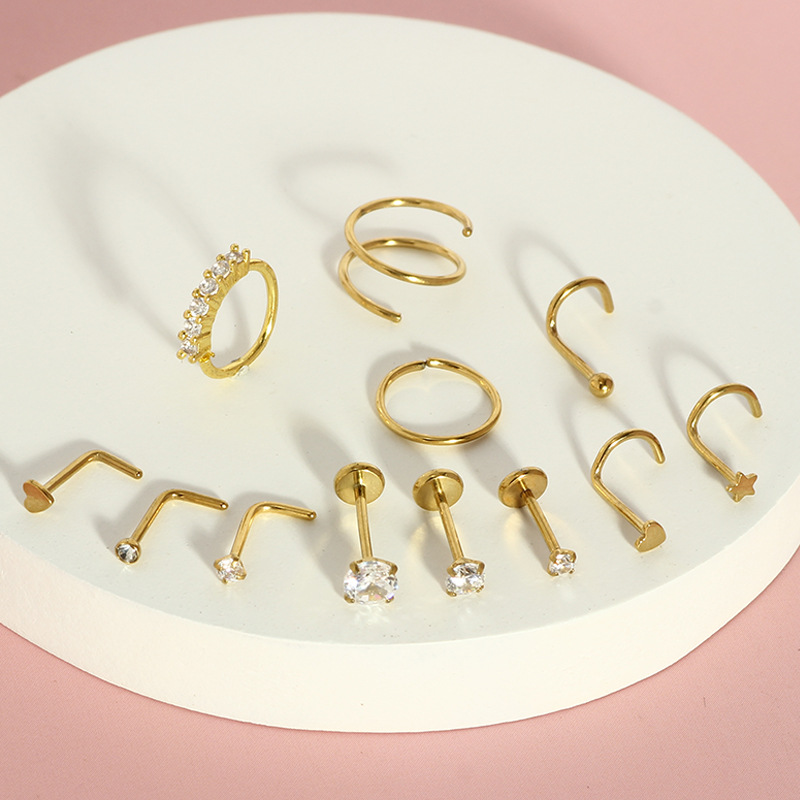 Stainless Steel 12-Piece Nose Stud Set Basic Nose Ring with Heart-Shaped Zircon Piercing Jewelry Best Seller - Image 2