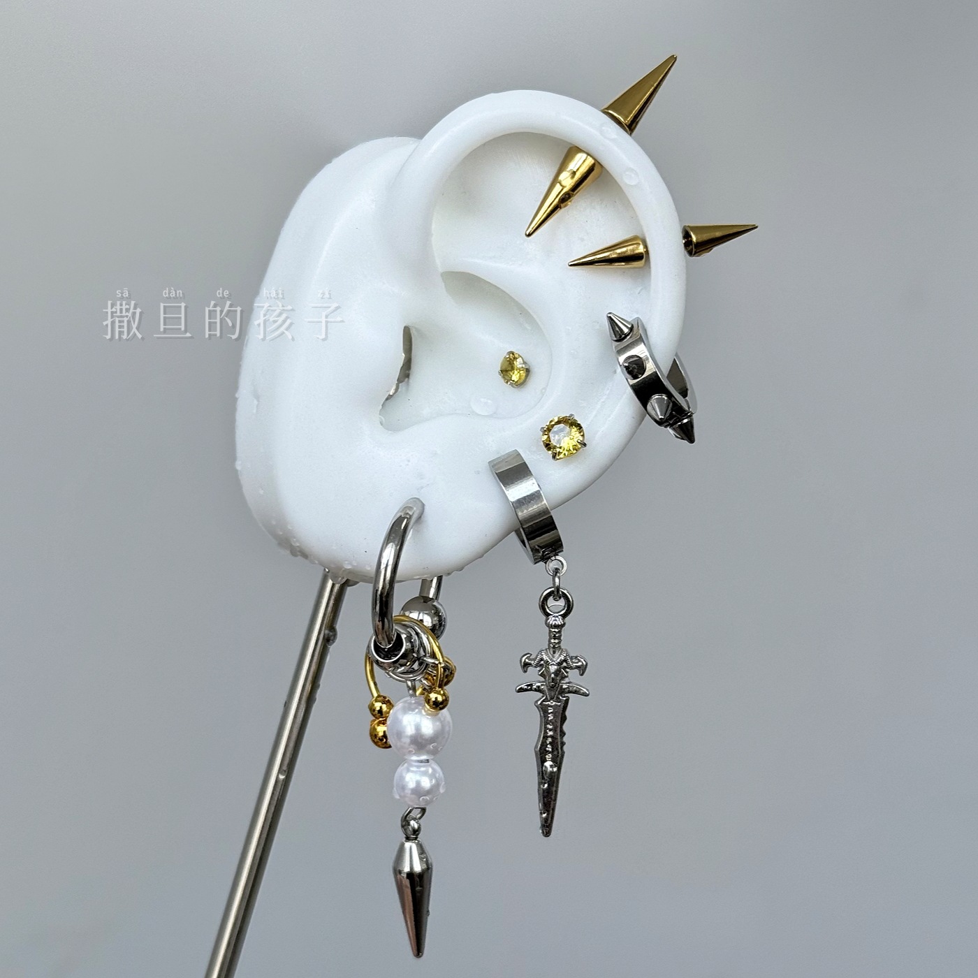 Satan's Child Golden Knight Letter Stud Earrings Punk Subculture Ear Piercing Jewelry Titanium Steel - Image 2